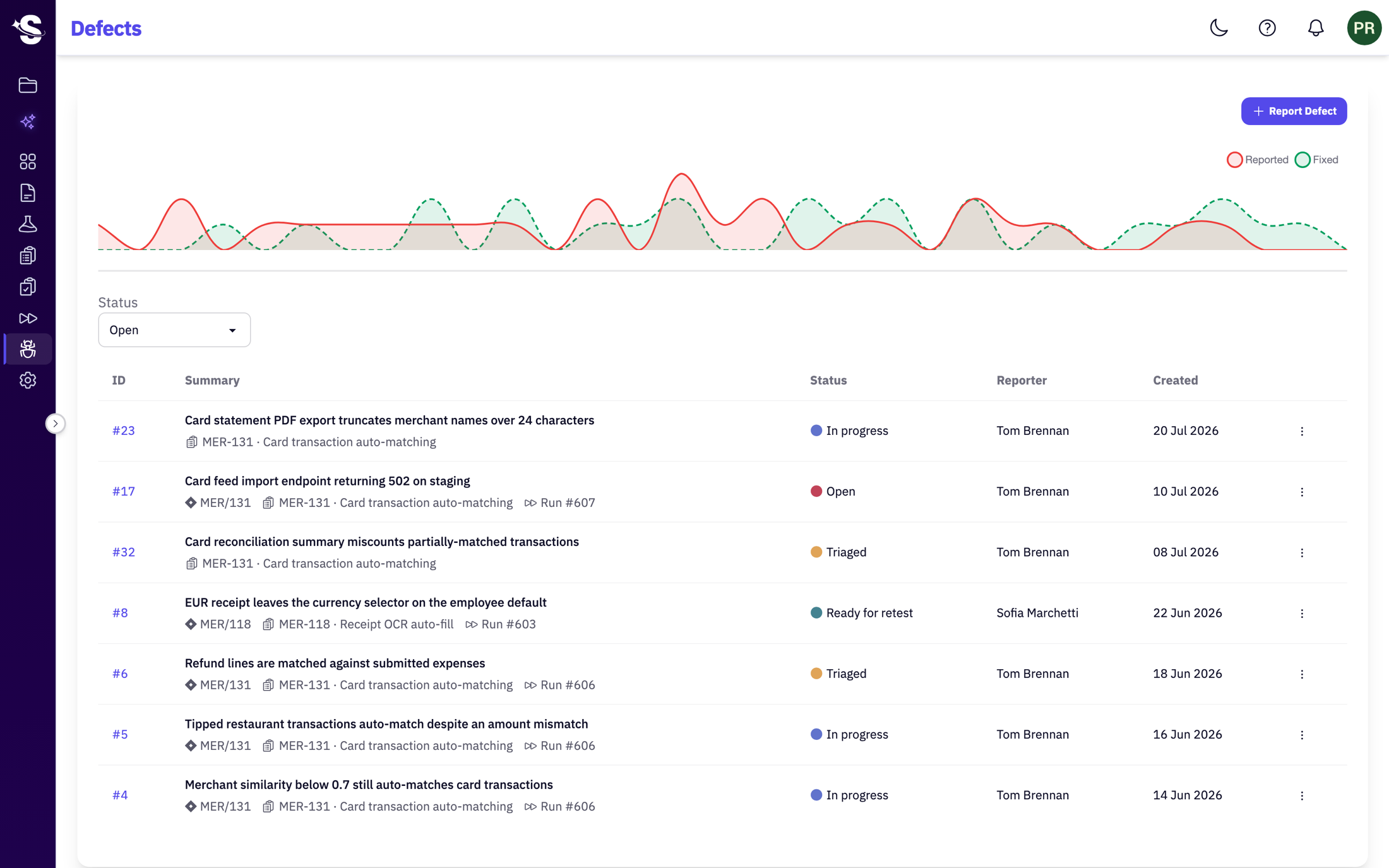The SmartRuns defects list, each defect linked to its Jira ticket, test plan and the run that surfaced it, above a reported-vs-fixed chart.