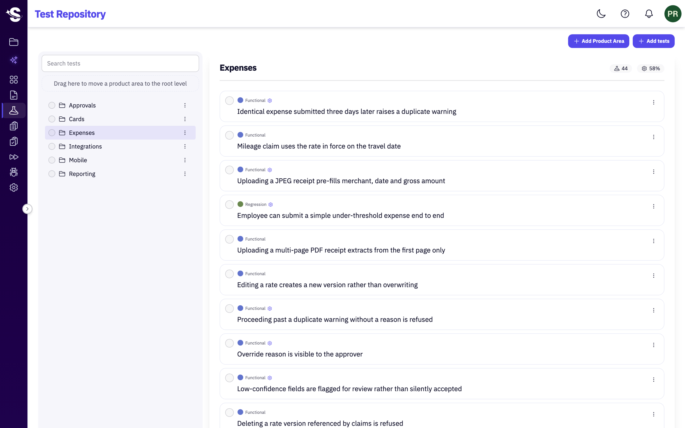 The SmartRuns test repository, with tests organised by product area and test kind, and a coverage indicator.